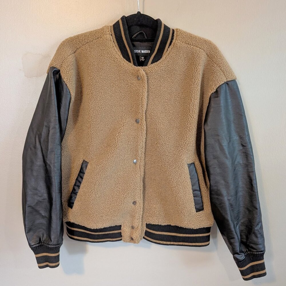Steve Madden Size Medium Florence Bomber Jacket Faux Leather Varsity Snap